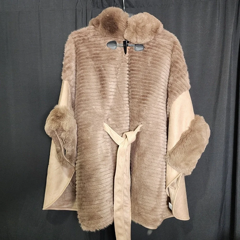 Faux Fur Trimmed Poncho Cape Tan Toggle Closure Tie Belt One Size Luxe Old Money